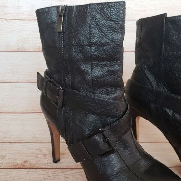 Geren Ford Edie Leather Buckle Strap Side Zipper Platform Stiletto Booties Ankle - Picture 2 of 13